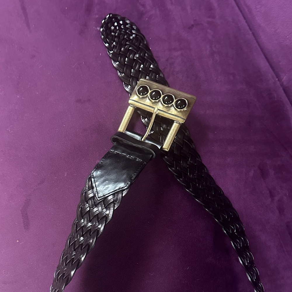 Etro Black Leather Belt with Gold Buckle